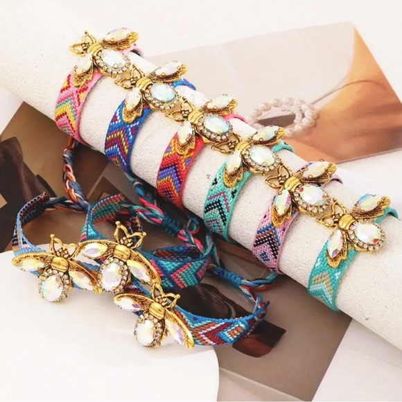 Bohemian Boho Vintage Adjustable Rhinestone Bee Charm Bracelet Braided Tassels - Picture 3 of 4